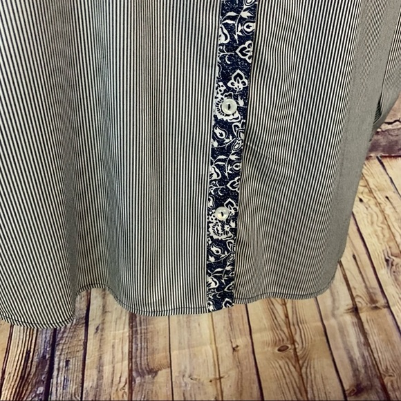 Susan Graver Navy Striped Button Front Contrast Floral Trim Long Sleeve Shirt - Picture 4 of 14